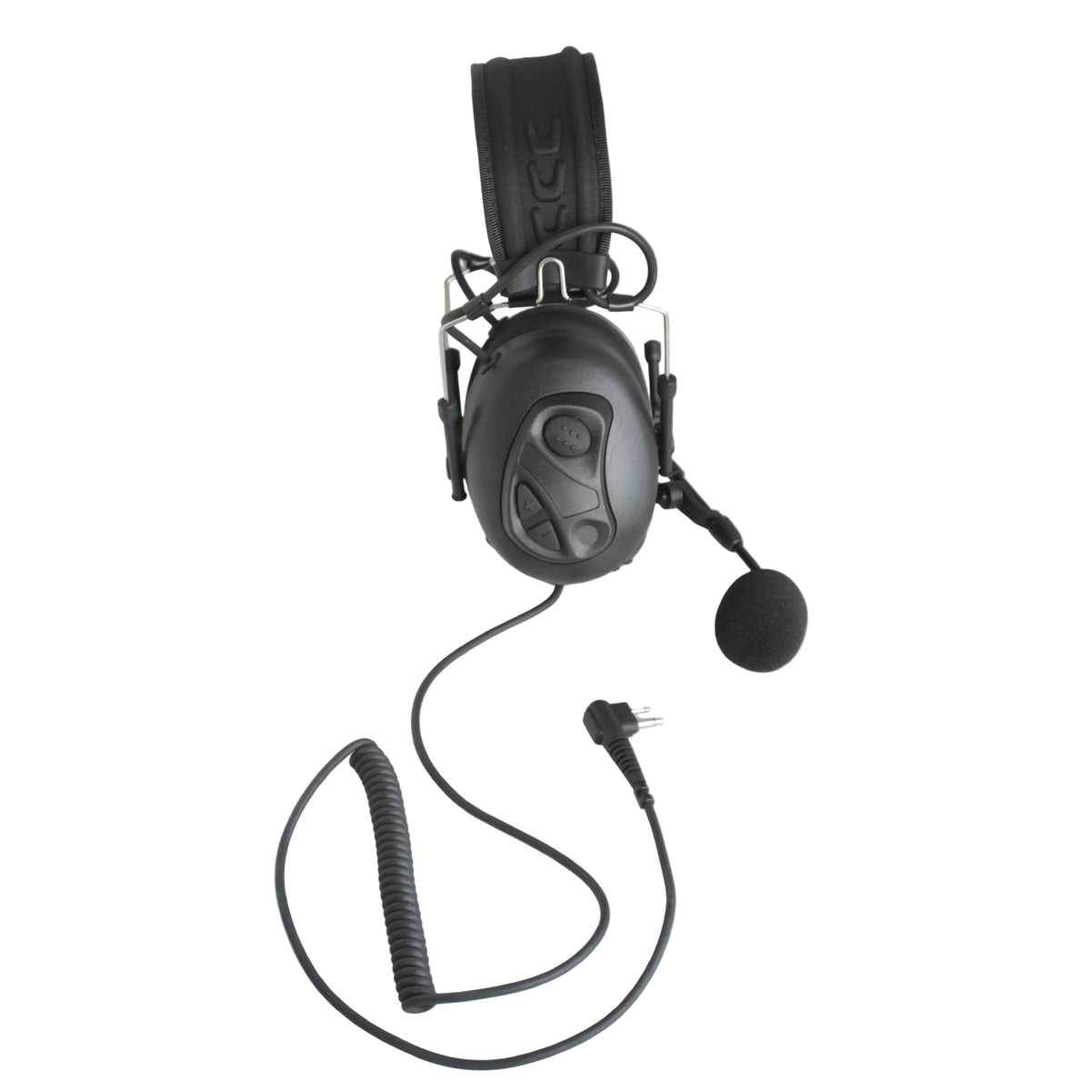 Black communication headset with an attached boom microphone and coiled cord, photographed against a plain white  background.