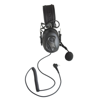 Black communication headset with an attached boom microphone and coiled cord, photographed against a plain white  background.
