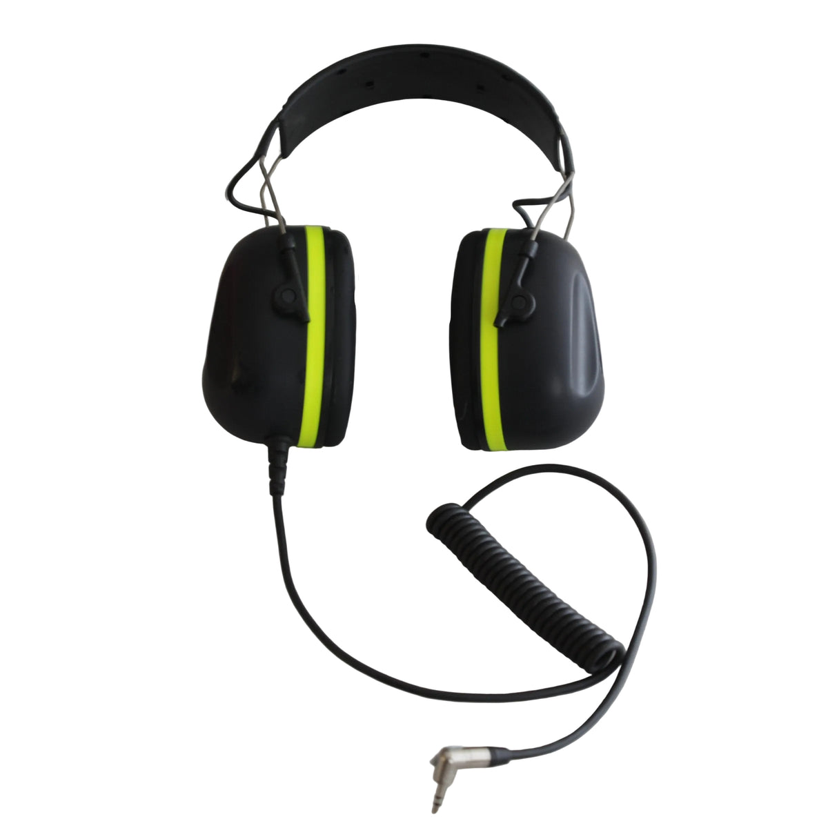 Black AK6767H over-ear communication headphones with bright neon yellow-green side stripes and a coiled black cable with 3.5mm right angle jack