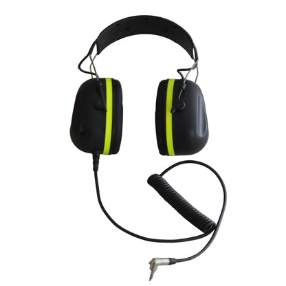 Black AK6767H over-ear communication headphones with bright neon yellow-green side stripes and a coiled black cable with 3.5mm right angle jack