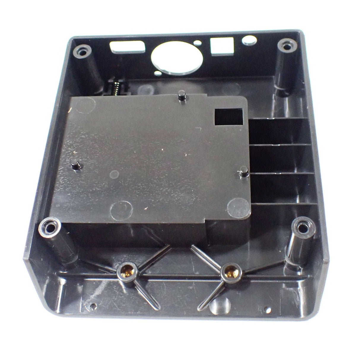 Telex internal view of rear TR1800 black housing panel with molded pillars for fitting and cut-outs for control panel on a white background 