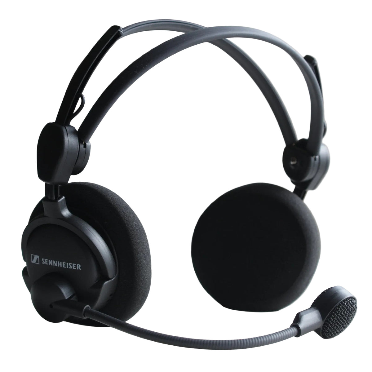 Black Sennheiser over-ear headset with a flexible boom microphone and split headband on a white surface part number 700713