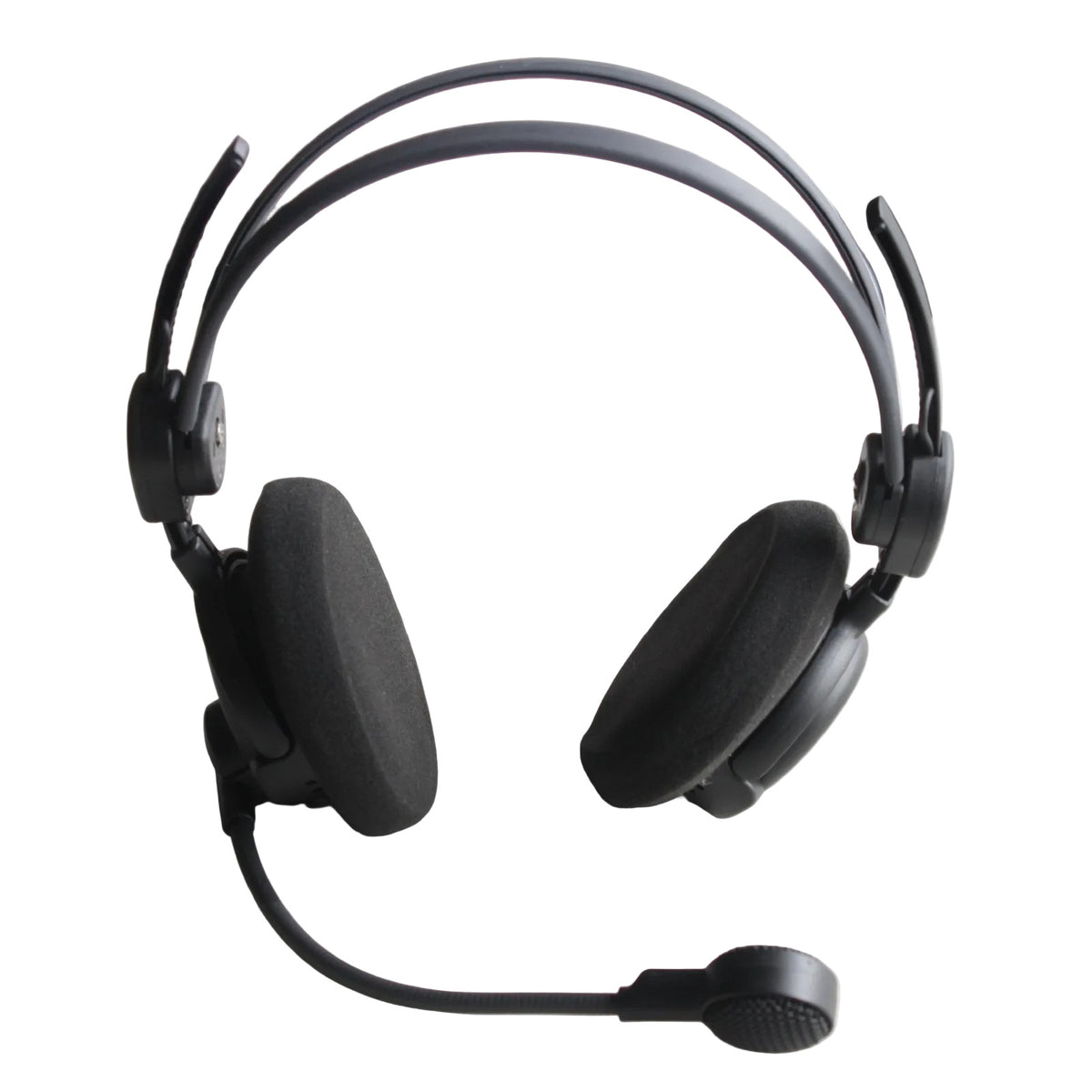 Front view of a black Sennheiser over-ear lightweight headset with a flexible boom microphone and split headband on a white surface
