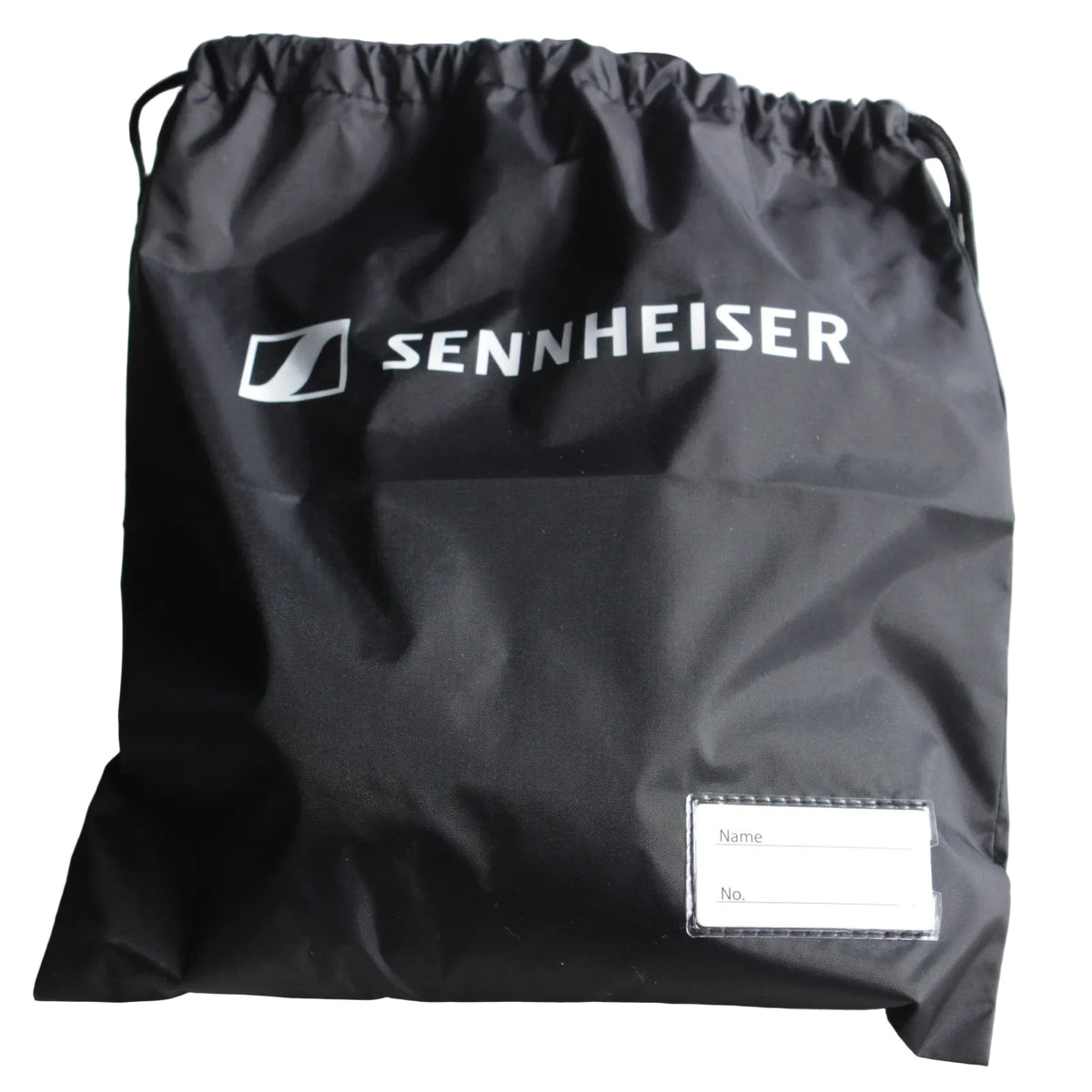 A black drawstring storage bag with the Sennheiser logo printed in white on the front, featuring a white name-and-number label patch near the bottom right.