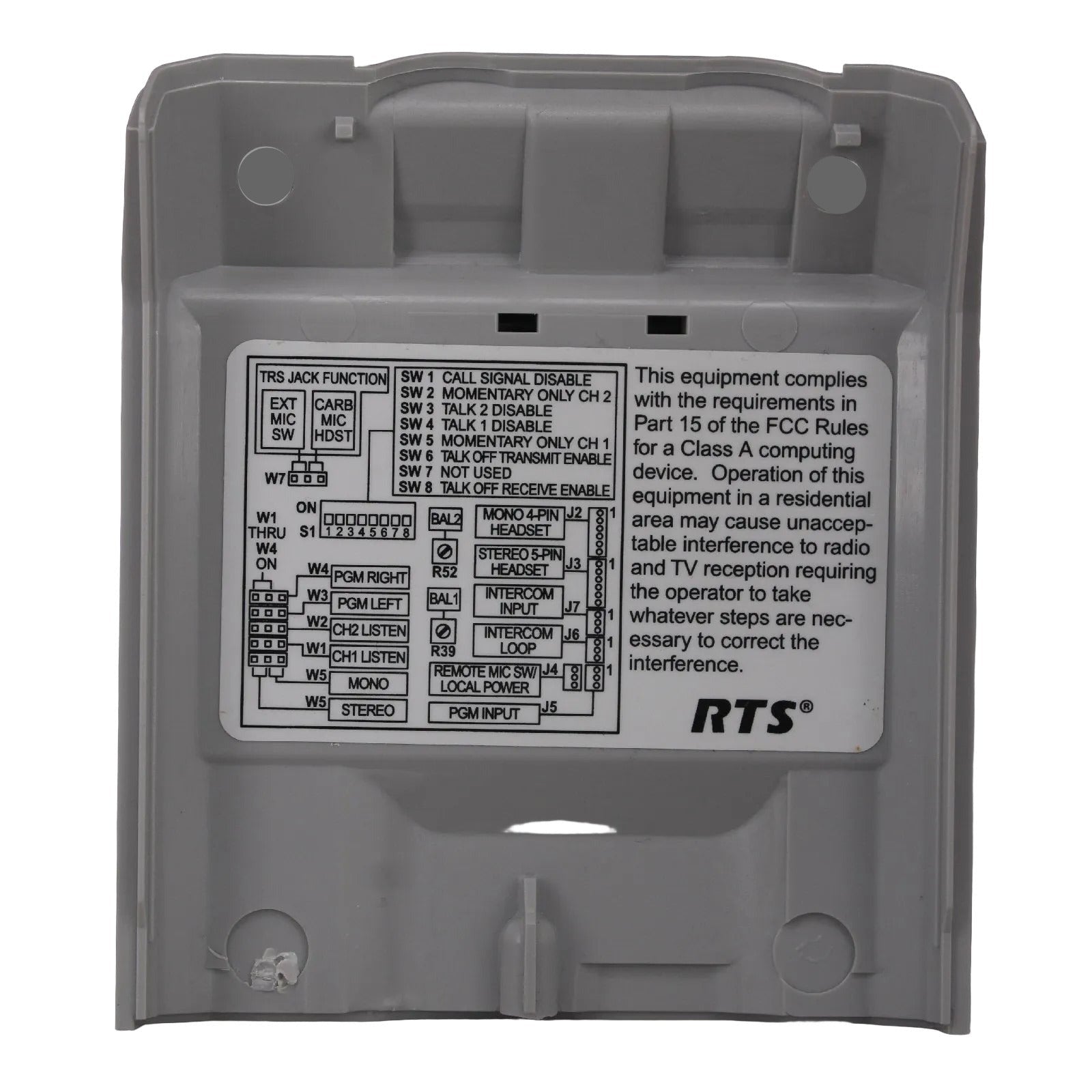 Telex RTS BP325 grey rear case panel with sprung belt clip SKU F01U112908 — internal face with settings guide view
