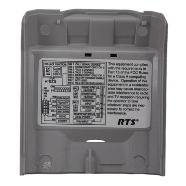 Telex RTS BP325 grey rear case panel with sprung belt clip SKU F01U112906 — internal face with settings guide view