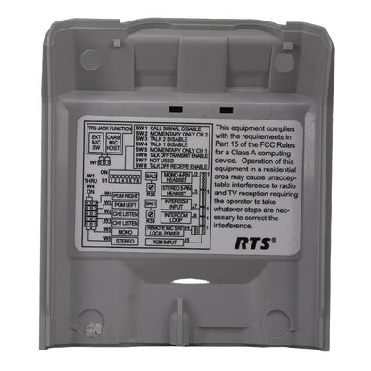Telex RTS BP325 grey rear case panel with sprung belt clip SKU F01U112908 — internal face with settings guide view