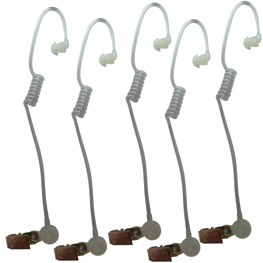 Five clear coiled acoustic tube earpiece with collar clip and eartip on a white background