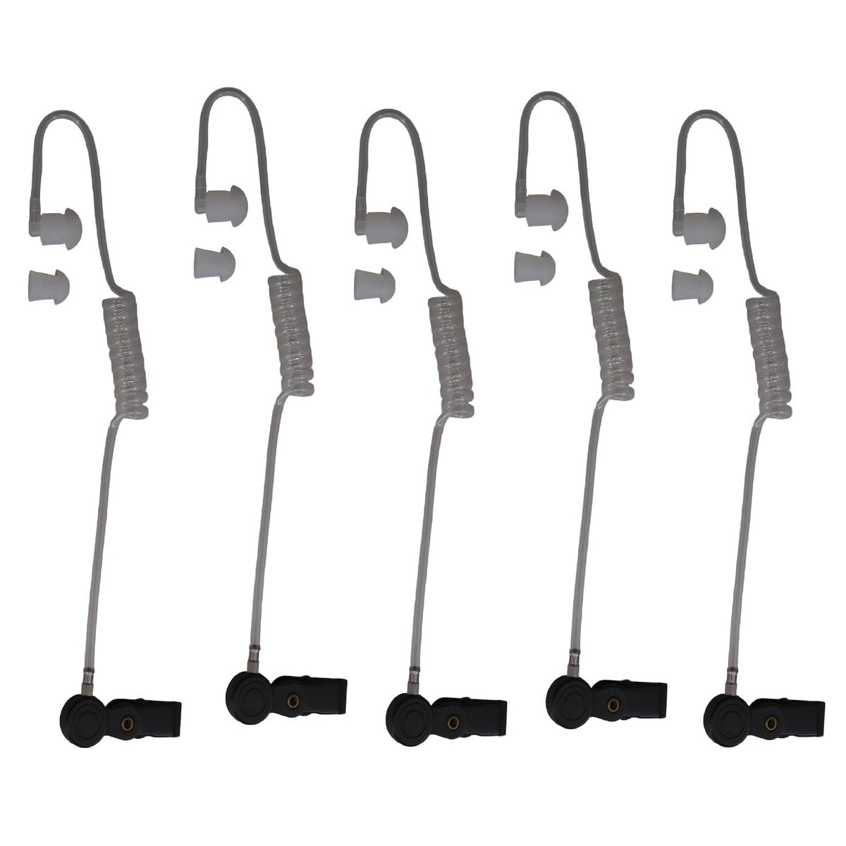 Showcomms five clear tube earpieces with black collar and spare ear-tip shown on white background with left ear orientation  part BG-TUBE-5