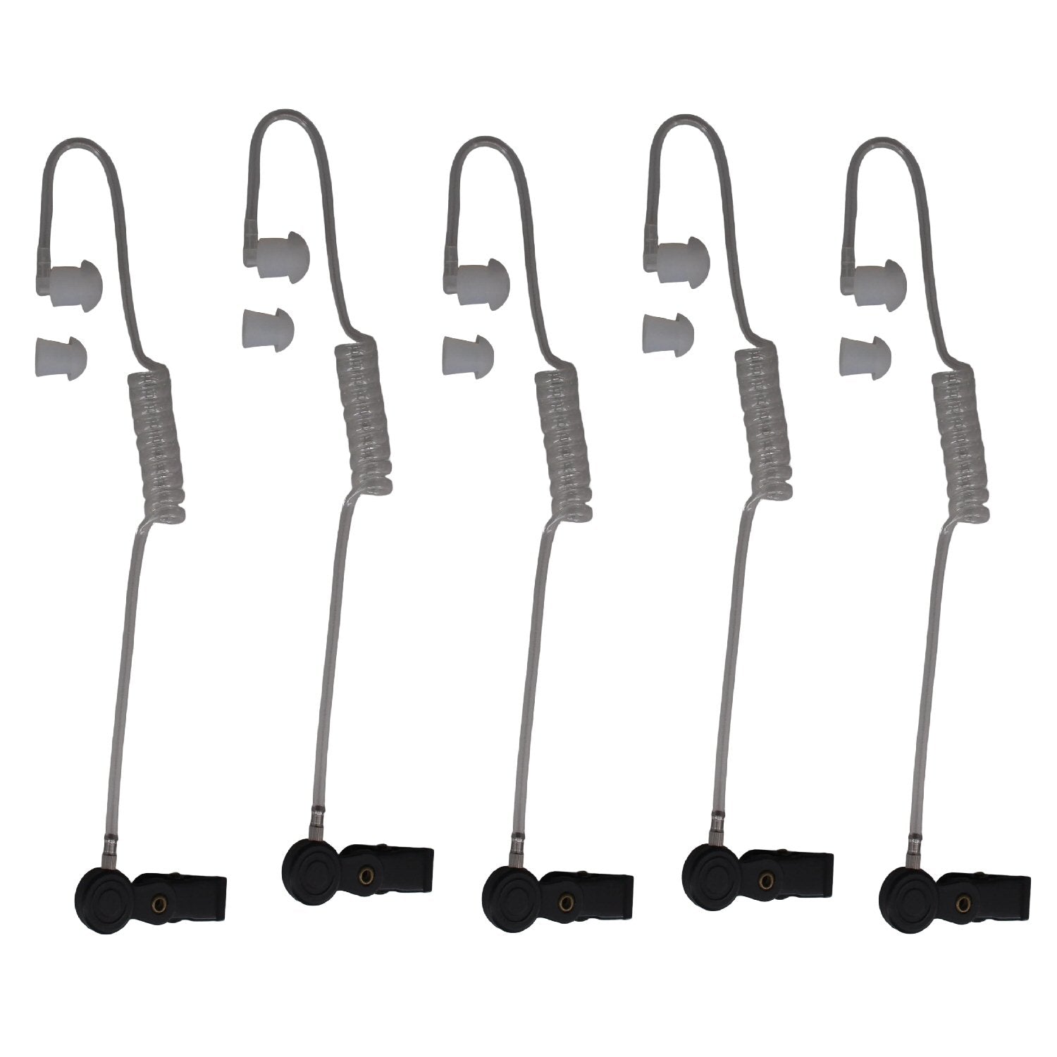 Showcomms five clear tube earpieces with black collar and spare ear-tip shown on white background with left ear orientation  part BG-TUBE-5