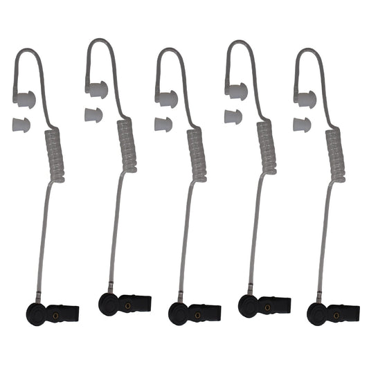 Showcomms five clear tube earpieces with black collar and spare ear-tip shown on white background with left ear orientation  part BG-TUBE-5