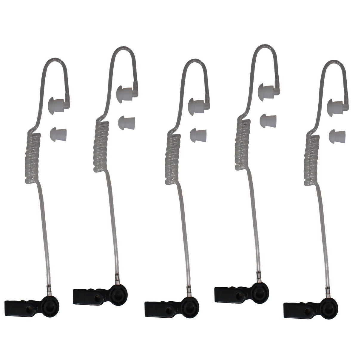 Showcomms five clear tube earpieces with black collar and spare ear-tip shown on white background with right ear orientation