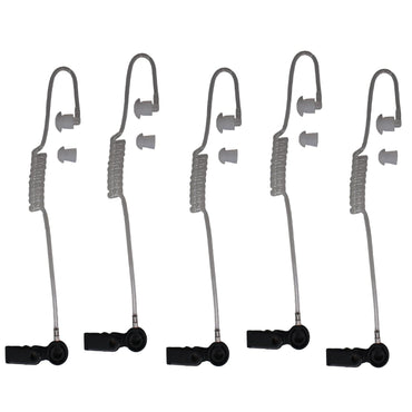 Showcomms five clear tube earpieces with black collar and spare ear-tip shown on white background with right ear orientation