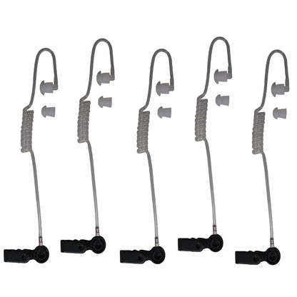 Showcomms five clear tube earpieces with black collar and spare ear-tip shown on white background with right ear orientation