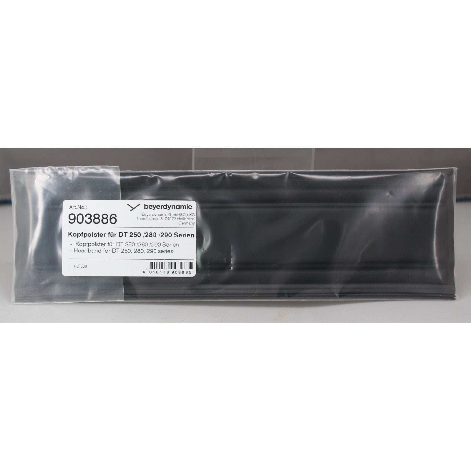 Beyerdynamic retail pack containing black rectangular unfolded headband cushion SKU 903886