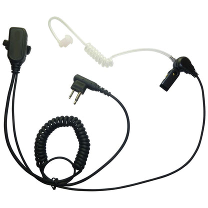 BG Motorola 2-pin 1-wire acoustic tube earpiece set SKU BG-M1 — combined short coiled cable section leading to a microphone PTT unit and a clear acoustic tube earpiece set