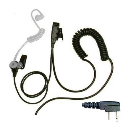 BG Kenwood 2-pin 1-wire acoustic tube earpiece set SKU BG-K1 — black moulded two pin radio connector including a short coiled section leading to a microphone PTT unit and a clear acoustic tube earpiece set