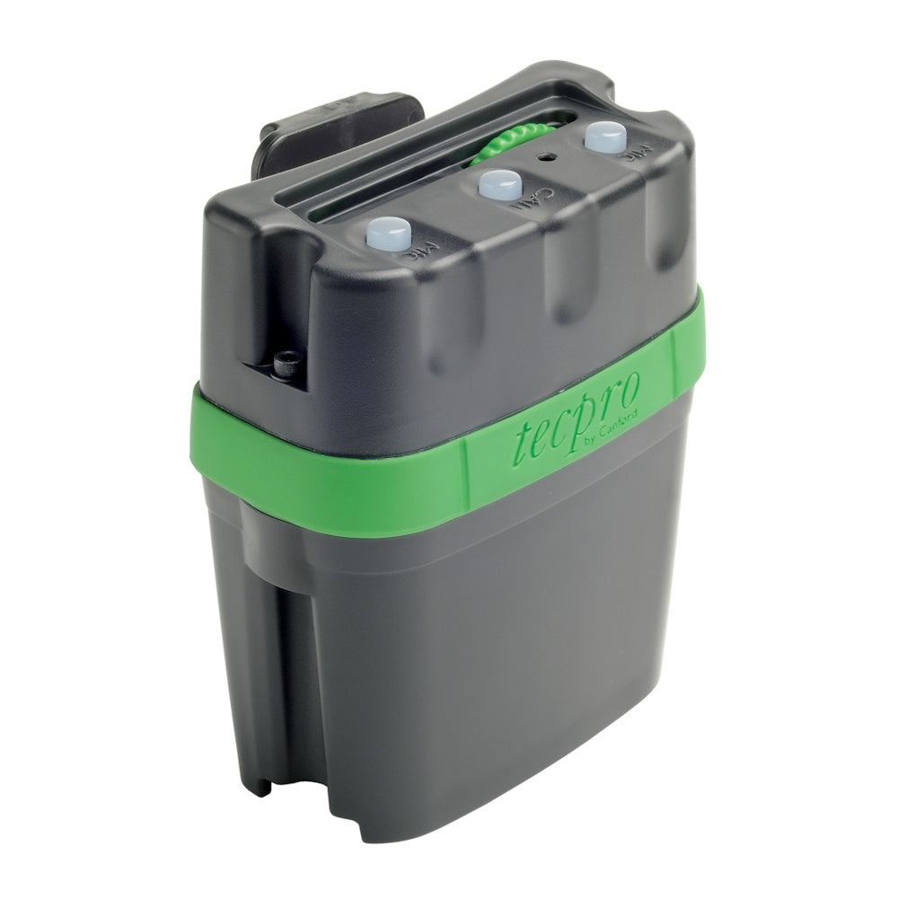 Front view angled Green and black tecpro intercom beltpack showing top panel controls on a white background