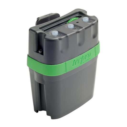 Front view angled Green and black tecpro intercom beltpack showing top panel controls on a white background