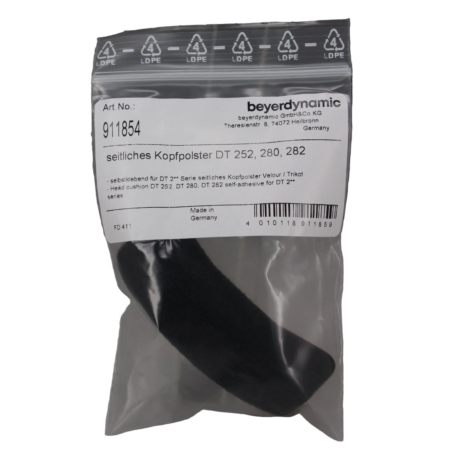 Beyerdynamic retail packaging containing  Black cushion for temple ear rest DT280 headset SKU 911854