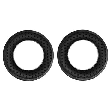 Reverse view black vinyl mounting face of grey headphone ear cushions on a white background