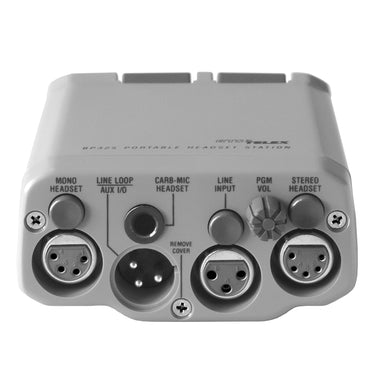 Telex RTS BP325 two channel intercom beltpack headset station grey SKU F01U118527 — bottom view showing XLR connectors 