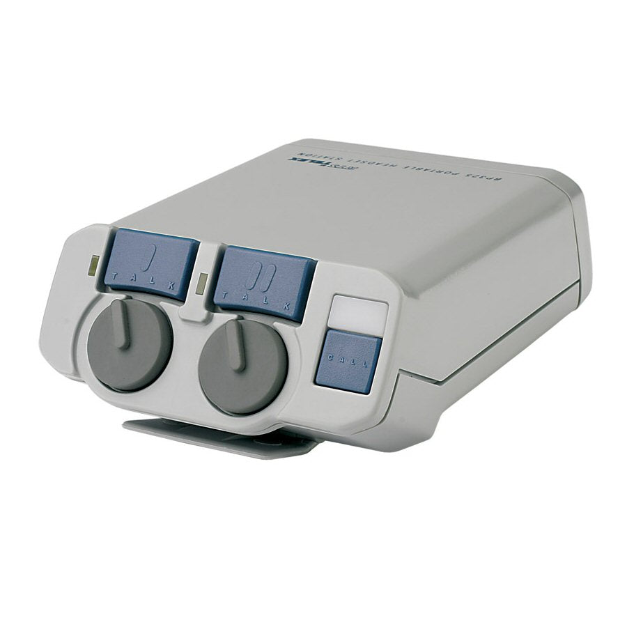 Telex RTS BP25 wired intercom beltpack in grey showing top panel volume and channel talk controls on a white background