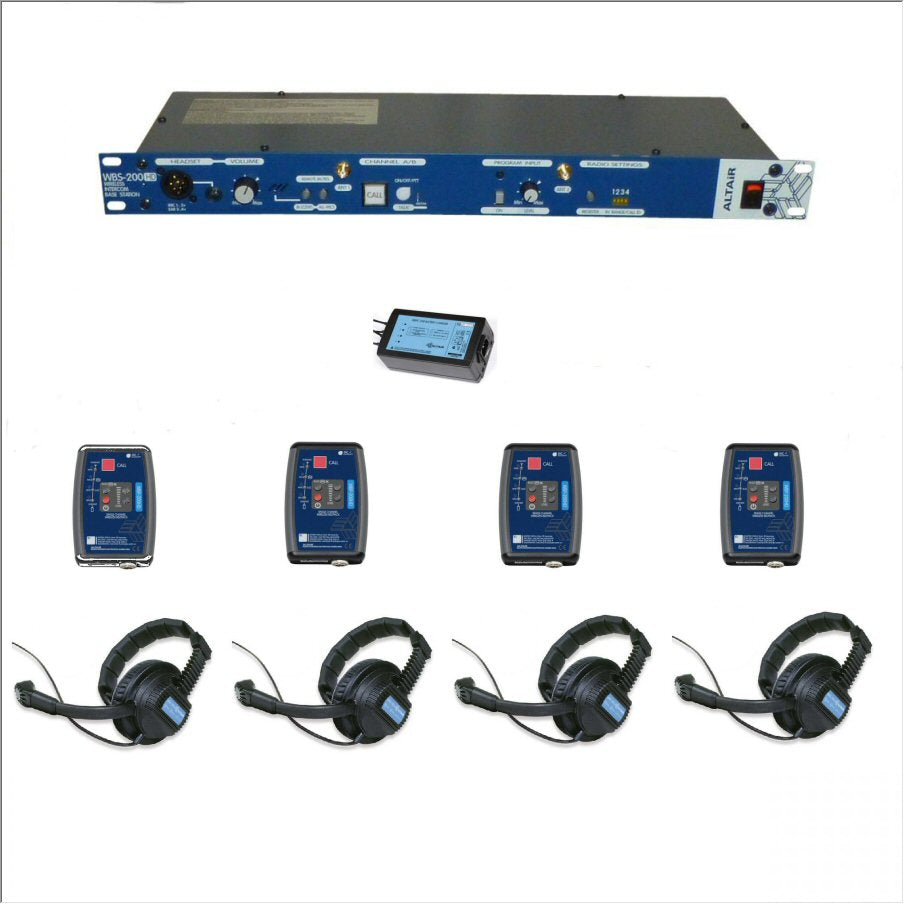 Altair Set of wireless communication equipment including a rack-mounted base unit and four headsets with belt packs on a white background 