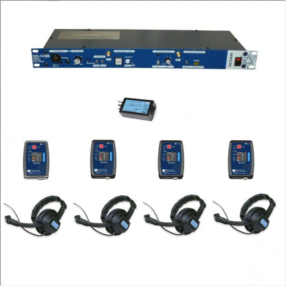Altair Set of wireless communication equipment including a rack-mounted base unit and four headsets with belt packs on a white background 