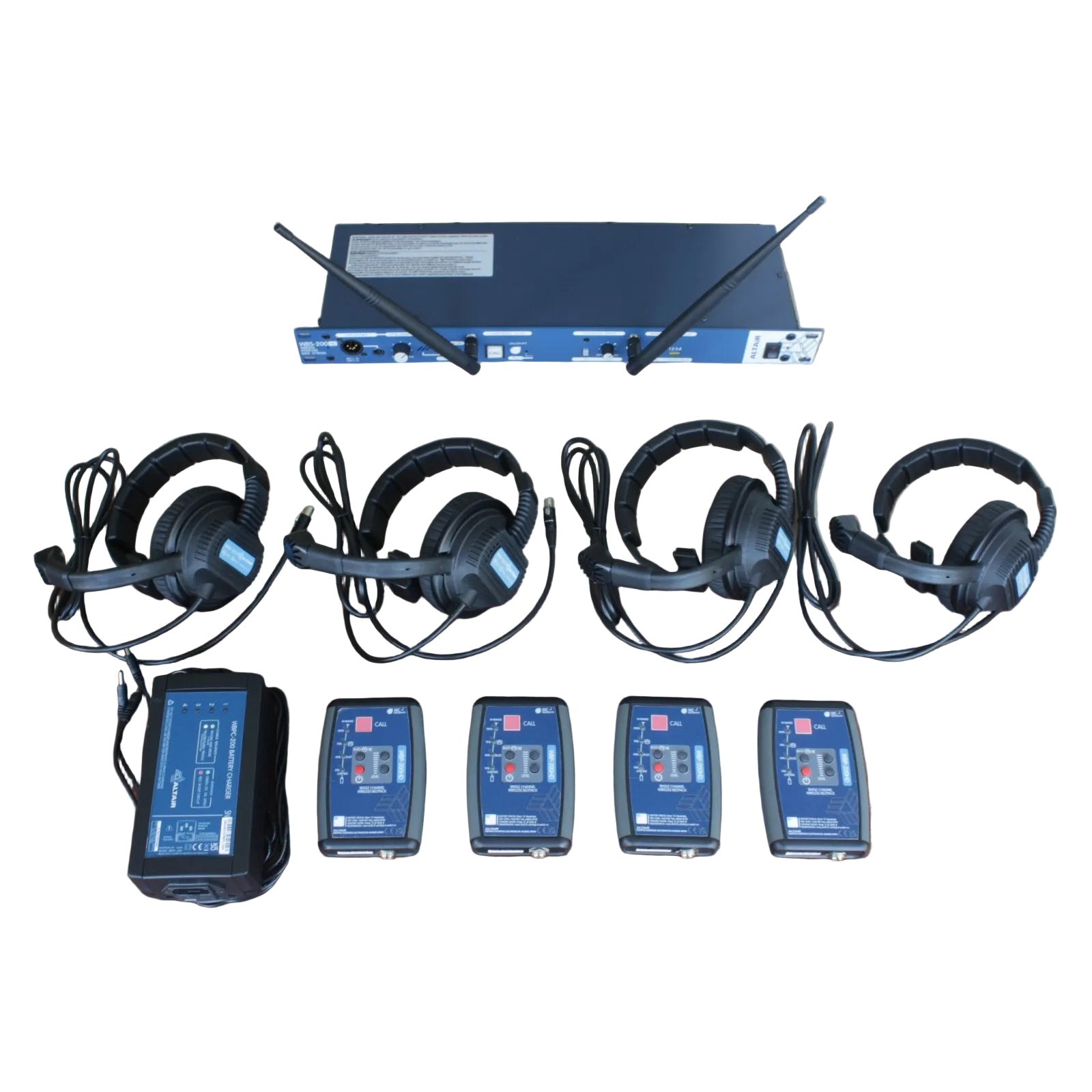 Altair HD Wireless Intercom System with charger and 4 Compact Belt packs and headsets shown on a white background