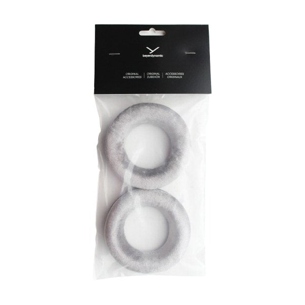 Beyer DT990 Velour Ear Pads and foam infills EDT 990V 1 pair GREY — retail pack of two Beyerdynamic with 2 grey EDT990V ear cushions inside on a white background