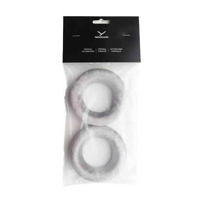 Beyer DT990 Velour Ear Pads and foam infills EDT 990V 1 pair GREY — retail pack of two Beyerdynamic with 2 grey EDT990V ear cushions inside on a white background