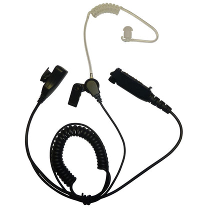 Combined 1 wire headset with black cable including a short coiled section  leading to a microphone PTT unit and a clear acoustic tube earpiece set on a white background. Connector for Sepura radios.