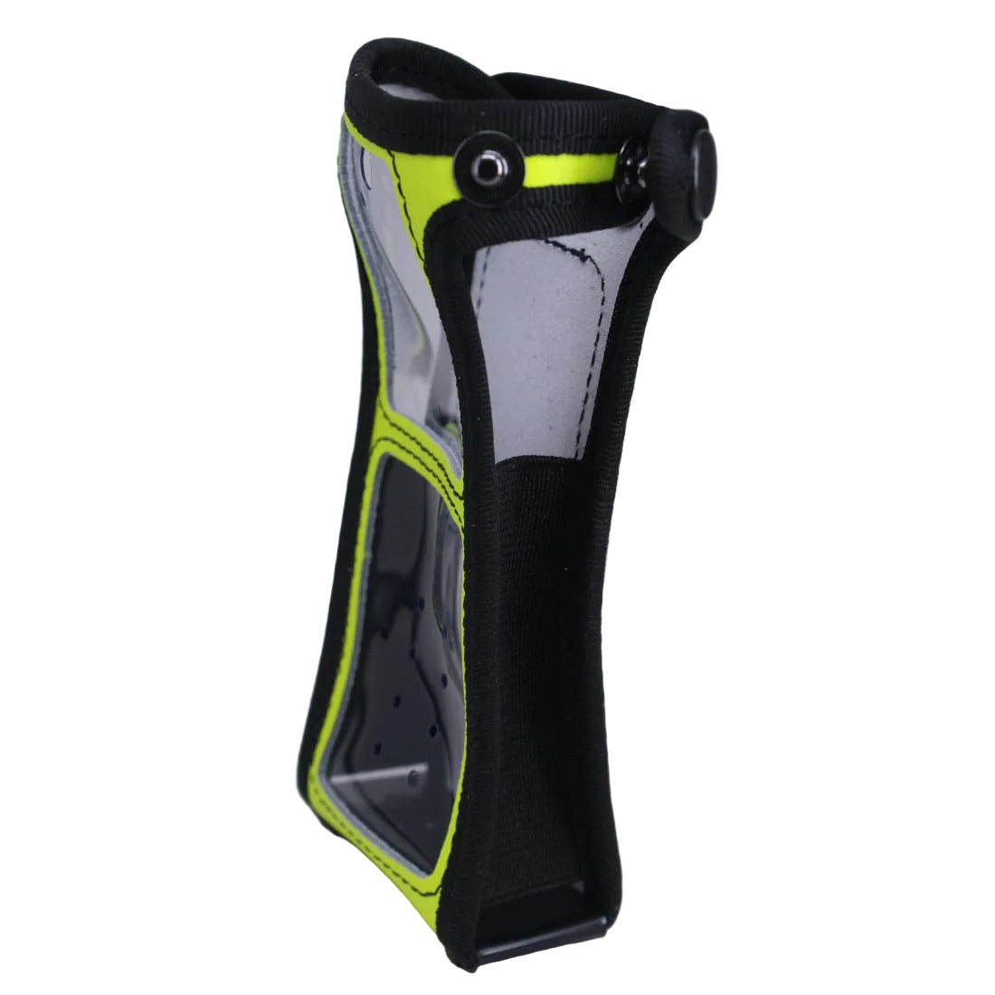Sepura STP series radios yellow high visibility Klick Fast case SKU STP8000EPSYP1KF — yellow high visibility radio case with clear vinyl panels and cut-outs - side view