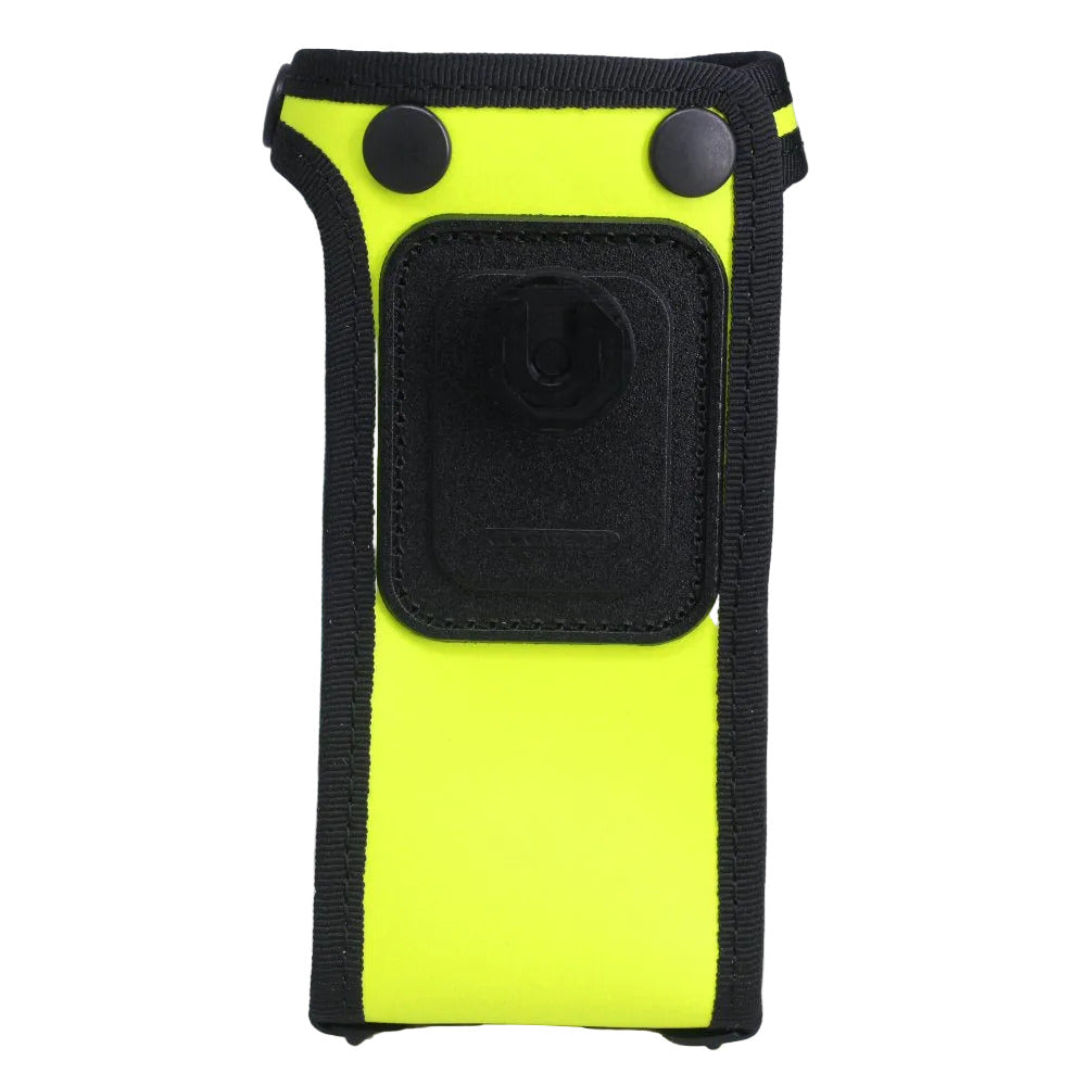 Sepura STP series radios yellow high visibility Klick Fast case SKU STP8000EPSYP1KF — yellow high visibility radio case with clear vinyl panels and cut-outs - rear view