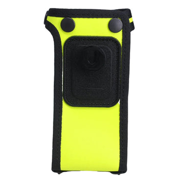 Sepura STP series radios yellow high visibility Klick Fast case SKU STP8000EPSYP1KF — yellow high visibility radio case with clear vinyl panels and cut-outs - rear view