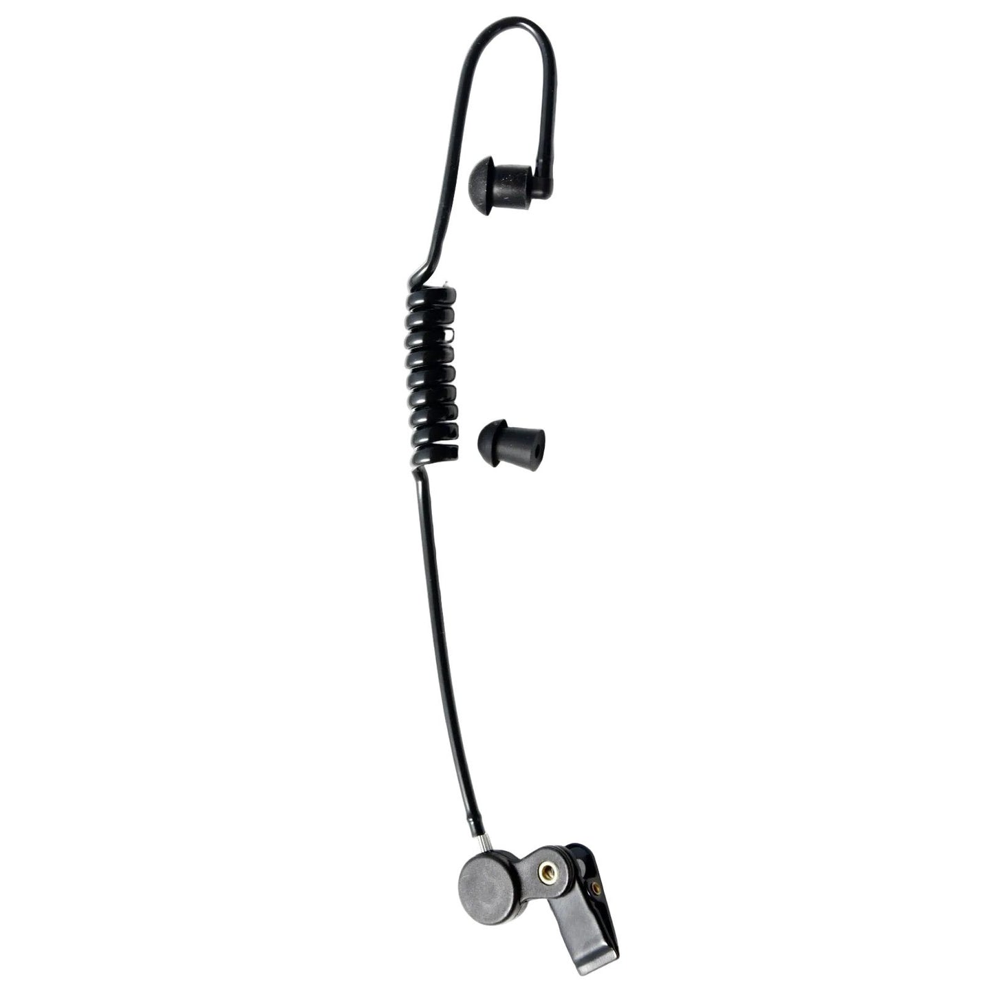 Black Coiled Acoustic Tube Earpiece with collar clip and black earbud on a white background BG-TUBE-BLK