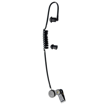 Black Coiled Acoustic Tube Earpiece with collar clip and black earbud on a white background BG-TUBE-BLK