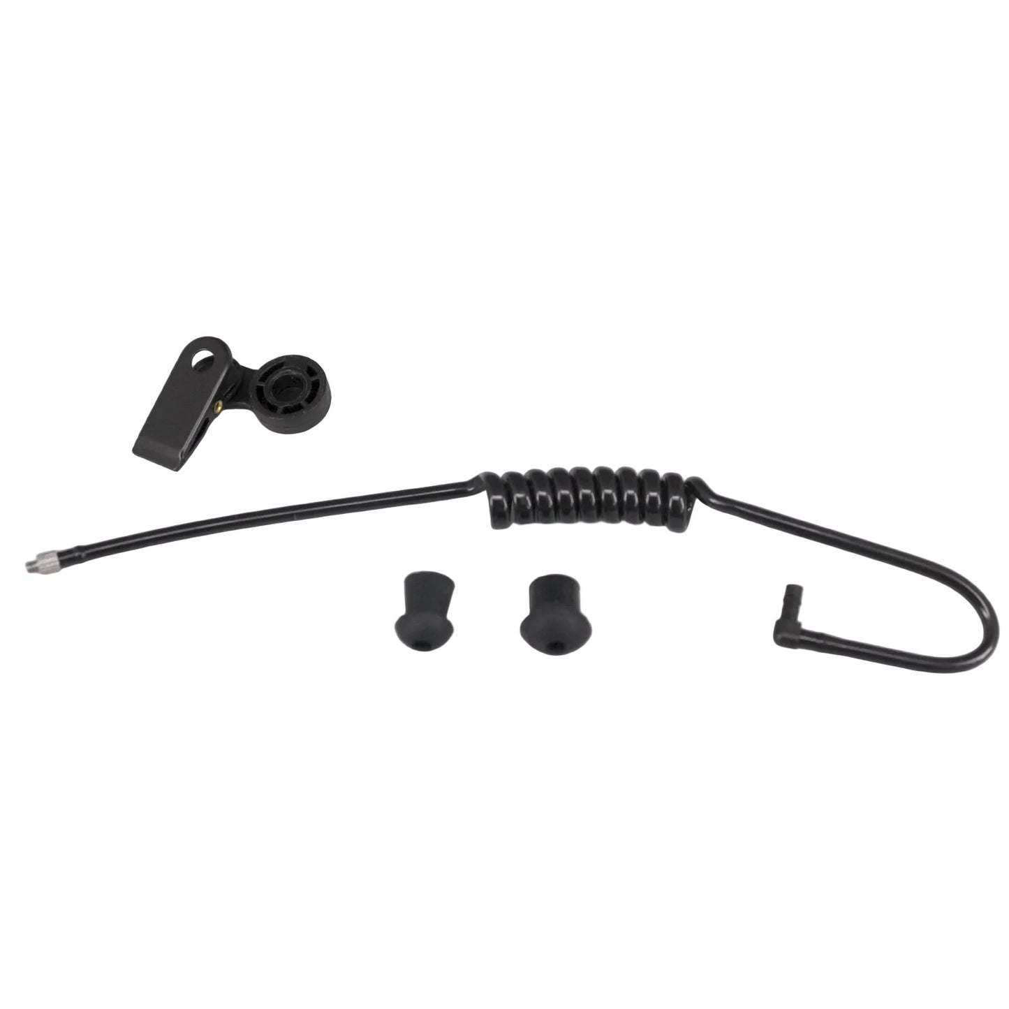 Black Coiled Acoustic Tube Earpiece with collar clip and black earbuds on a white background BG-TUBE-BLK