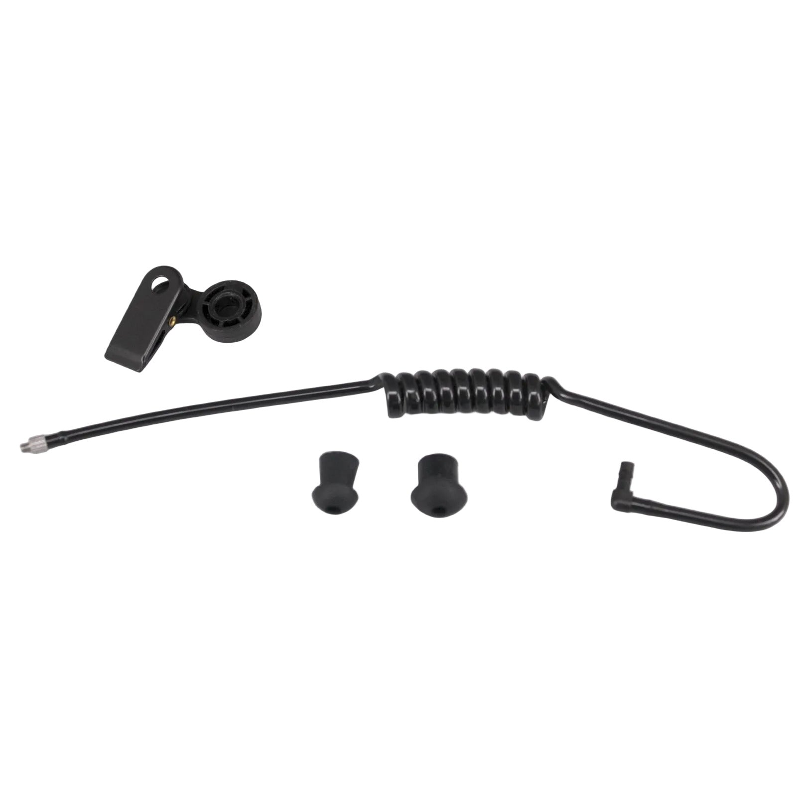Black Coiled Acoustic Tube Earpiece with collar clip and black earbuds on a white background BG-TUBE-BLK
