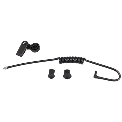 Black Coiled Acoustic Tube Earpiece with collar clip and black earbuds on a white background BG-TUBE-BLK