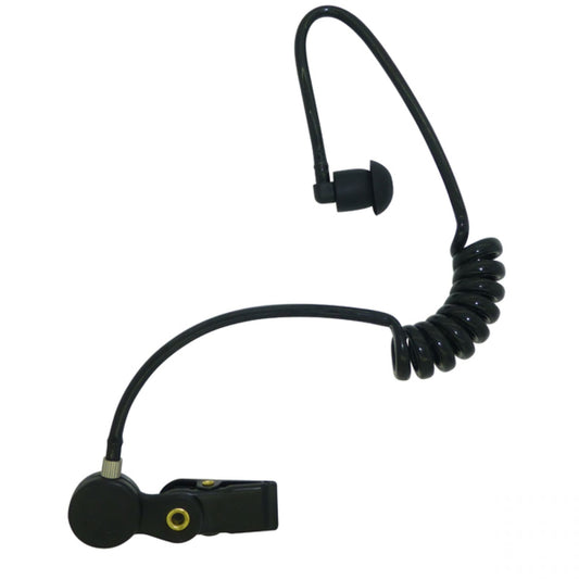 Single clear coiled acoustic tube earpiece with collar clip and black earbud on a white background