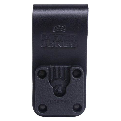 Klick Fast loop with 50mm drop for leather utility belts SKU DOCK05BLDROP — black front view Klick Fast belt mounting for radio with mount one drop width below itself