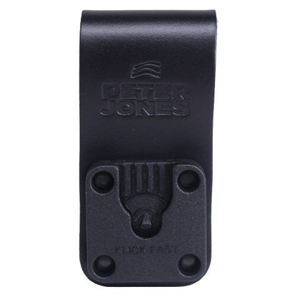 Klick Fast loop with 50mm drop for leather utility belts SKU DOCK05BLDROP — black front view Klick Fast belt mounting for radio with mount one drop width below itself
