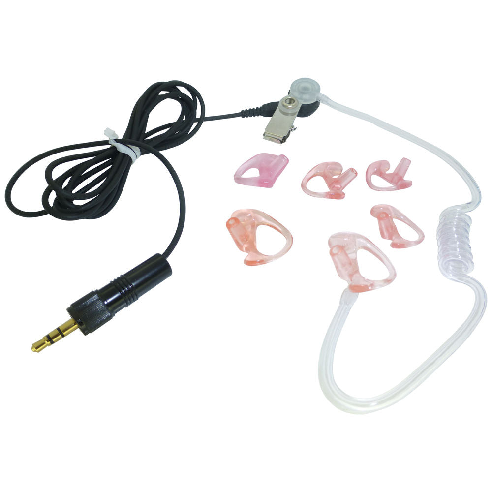 Set of six earbud inserts with acoustic tube earpiece with a black straight audio cable and threaded jack connector on a white background 