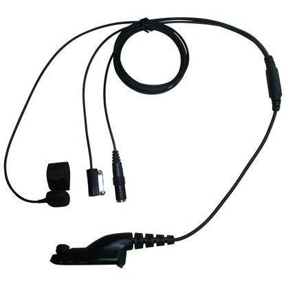 Black cable headset with three wires for  a tie clip microphone, a ring finger PTT unit and an audio listen acessory socket . Fitted with a MotorolaMTP850S radio connector set on a white background. 