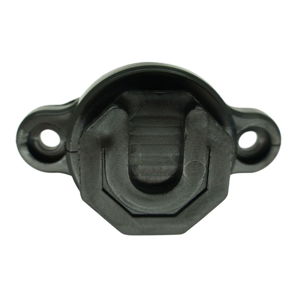 Klick Fast adaptor holes are 31mm apart SKU RSTUD31MM — Front view black moulded Klick Fast radio stud with two round mounting holes