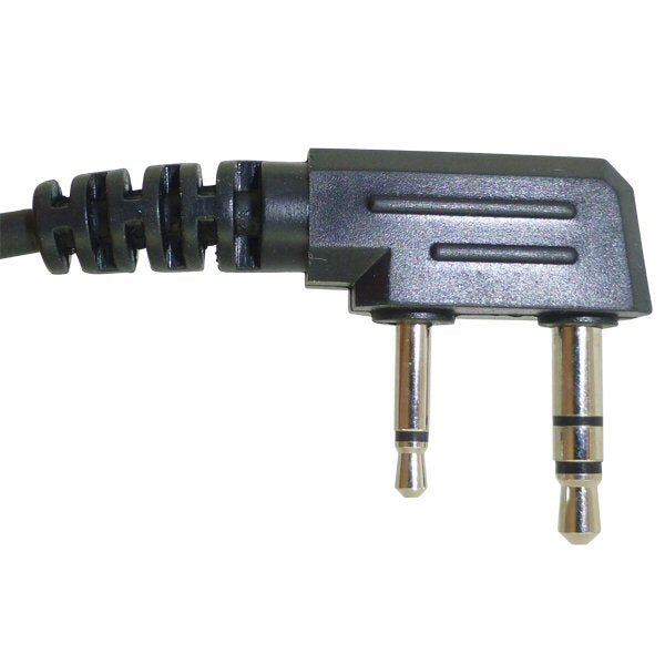 BG Motorola 2-pin 1-wire acoustic tube earpiece set SKU BG-K1 — black moulded two radio connector including a short coiled section leading to a microphone PTT unit and a clear acoustic tube earpiece set with 2-pin Kenwood radio