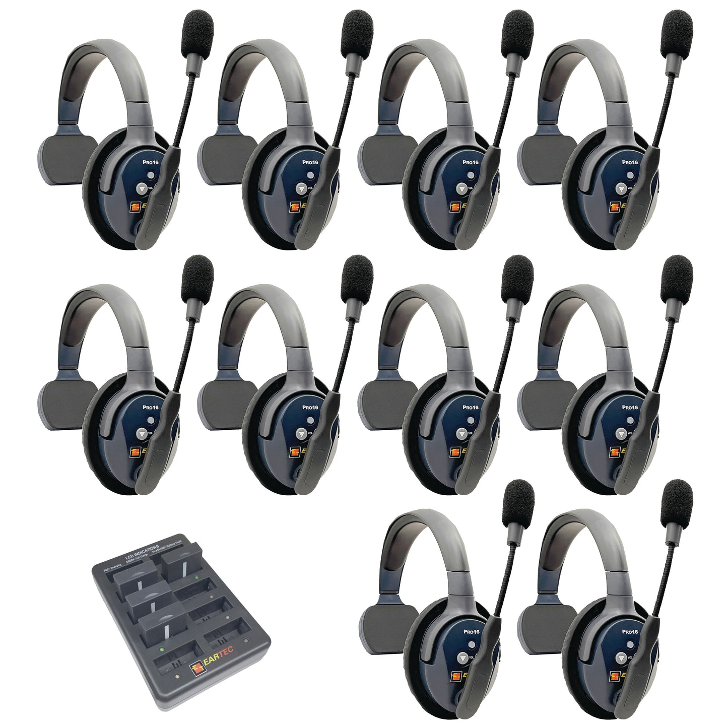 Eartec UltraLITE PRO16 Wireless Intercom System 10 Users ETP10S — ten sets of sigle sided wireless communication headsets with microphones on a white background