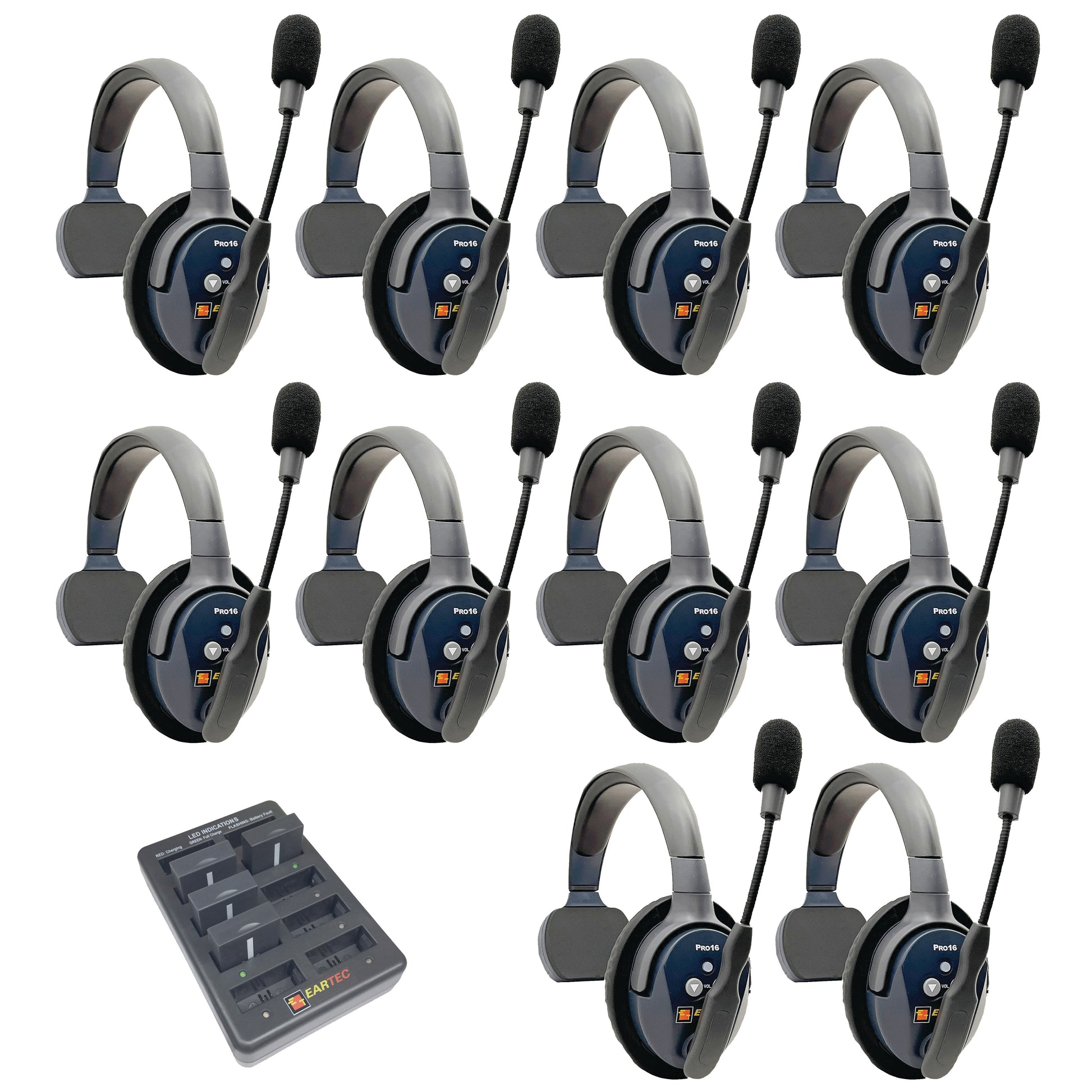 Eartec UltraLITE PRO16 Wireless Intercom System 10 Users ETP10S — ten sets of sigle sided wireless communication headsets with microphones on a white background